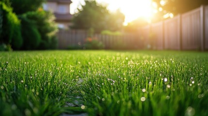 Naklejka premium green grass field with blurred background. The grass is wet and glistening in the sunlight