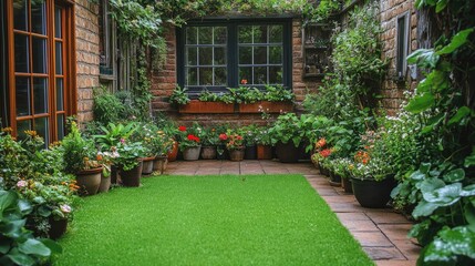 Fototapeta premium Lush garden courtyard with vibrant plants and greenery.
