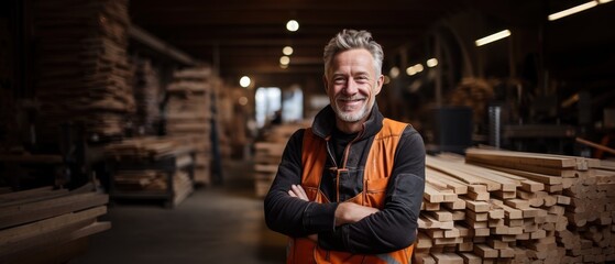 Obraz premium A old carpenter smiles confidently. Standing with arms crossed in a wood factory