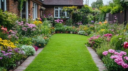 Vibrant garden pathway surrounded by colorful flowers.