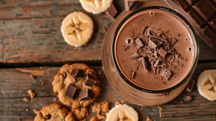 Chocolate Banana Smoothie with Cookies on Wooden Table