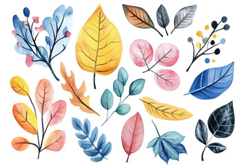 Hand drawn autumn collection of colorful plants and leaves isolated on white background
