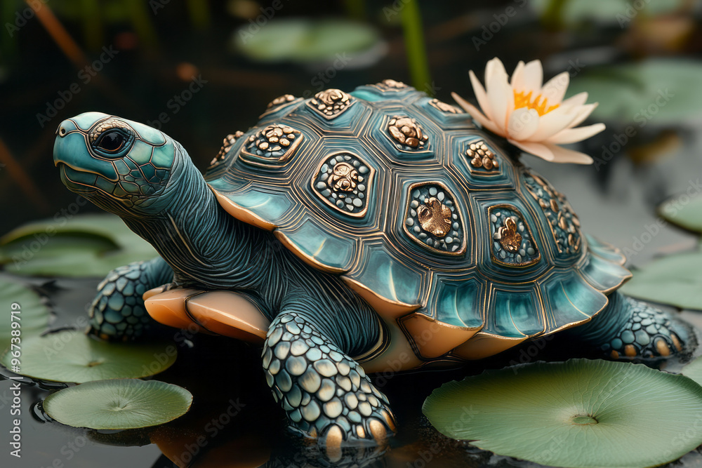 Poster A jade and gold tortoise with an intricately patterned shell,
