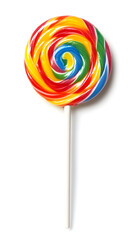 Lollipop with spiral rainbow colors, twisted sucker candy on stick isolated on white background