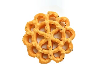 Achappam, Rosette cookies, Achu Murukku, deep fried cookie made with rice flour, South Indian favourite snack, signature Kerala snack, top view, isolated