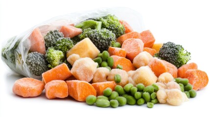 Plastic bags contain frozen broccoli florets, carrots, green beans, and vegetable peels, ideal for dinner preparation or meal prepping for events