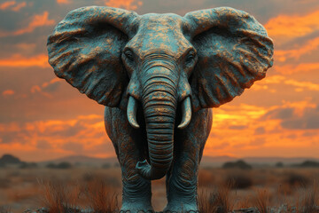 Fototapeta premium A bronze elephant with raised trunk and textured skin,