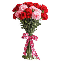 Obraz premium A bouquet of red and pink carnations tied with a heart-patterned ribbon.