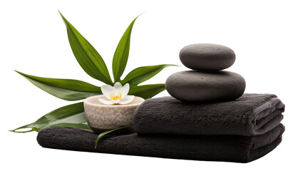 Obraz premium PNG Spa concept with zen basalt stones and towels plant spa white background.
