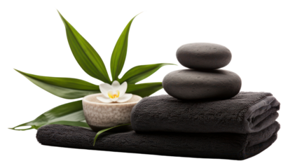 PNG Spa concept with zen basalt stones and towels plant spa white background.