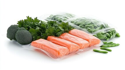 Plastic bags contain frozen broccoli florets, carrots, green beans, and vegetable peels, ideal for dinner preparation or meal prepping for events