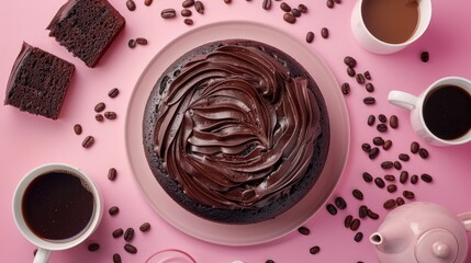 Chocolate fudge cake with coffee mug and cups on pink background viewed from above