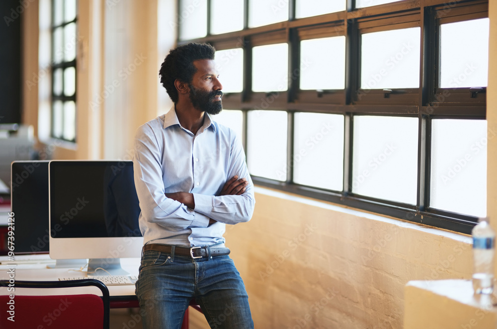 Aufkleber thinking, office and business man by window with ideas, solution and insight for company. creative s