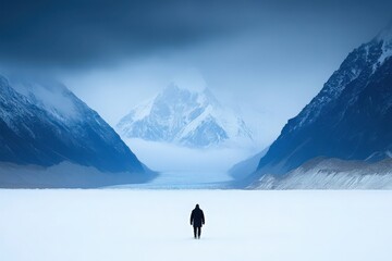 In a breathtaking winter landscape, a solitary skier traverses the endless expanse of snow, surrounded by towering mountains and a moody sky, capturing the essence of adventure and serenity.