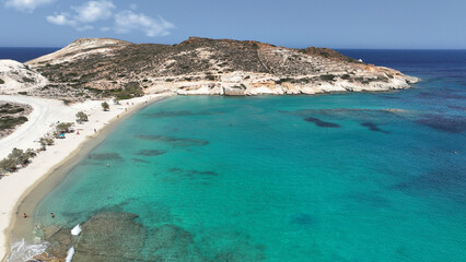 Aerial drone photo of white sandy paradise beach of Prassa with turquoise crystal clear sea voted one of the best in Greece, Kimolos island, Cyclades