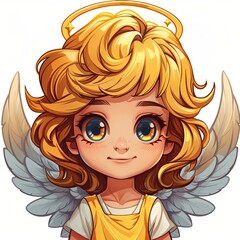 In this enchanting depiction, a little golden angel girl with a blonde wavy bob hairstyle is seated on the floor, dressed in a charming yellow dress and adorned with tiny white feather wings.