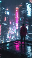 Fototapeta premium A lone explorer stands on a rooftop, overlooking a sprawling cyberpunk cityscape, neon lights glimmering in the rain, detailed reflections, photorealistic style