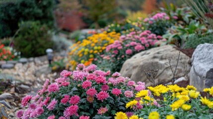 Chrysanthemums blooming in fall garden Korean Chrysanthemum flowers in background