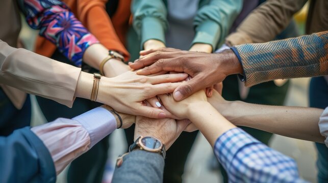Business professionals place their hands together in a show of unity and collaboration, shared commitment to success in a corporate environment.