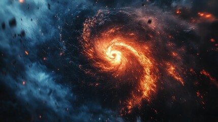 Obraz premium Swirling galaxy with fiery core and cosmic elements.