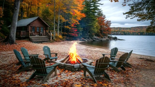 a cozy beach fire pit or bonfire surrounded by Adirondack chairs near an autumn forest video animation background Seamless looping time-lapse 4k quality