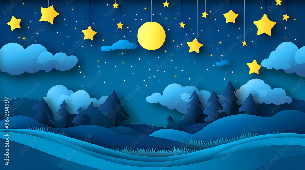 Wall mural Night Starry sky with moon paper cut art background 