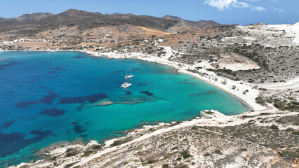 Aerial drone photo of white sandy paradise beach of Prassa with turquoise crystal clear sea voted one of the best in Greece, Kimolos island, Cyclades