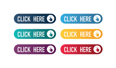 Click here web buttons. Set of action button click here with arrow pointer. Vector illustration