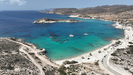 Aerial drone photo of white sandy paradise beach of Prassa with turquoise crystal clear sea voted...
