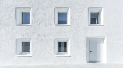Fototapeta premium Symmetry in Window and Door Placement, Analyze how symmetrical window and door arrangements in minimalist buildings maximize natural light while maintaining a sleek, structured look