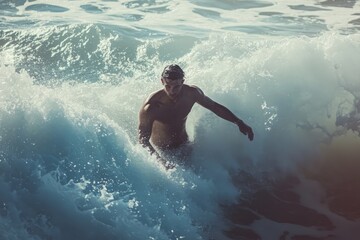 A skilled surfer carves through a towering wave, showcasing raw power and grace. The golden light of dawn casts an enchanting glow, highlighting the beauty of this aquatic adventure.