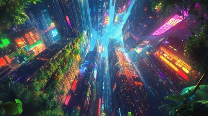 A stunning worms-eye view of a futuristic cityscape, towering skyscrapers with vibrant neon lights, interwoven with lush greenery, immersive details in digital painting style