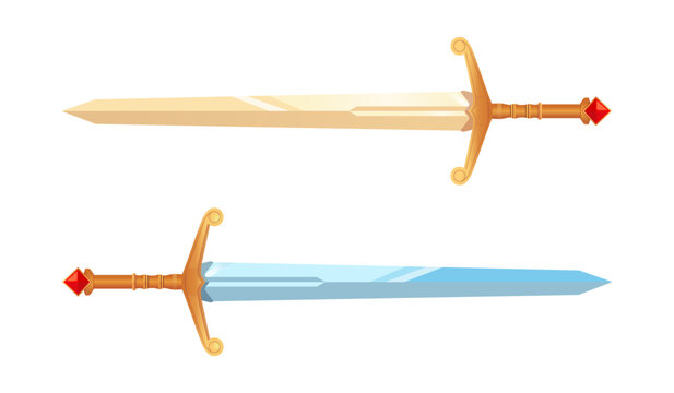 Set of large knightly swords with ornate golden hilt isolated on white background. Vector illustration