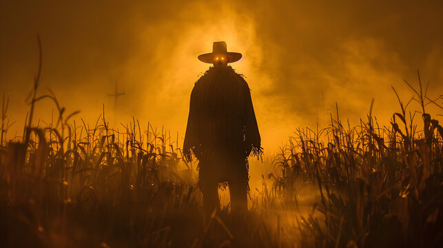 Scary scarecrow in a cornfield at night 