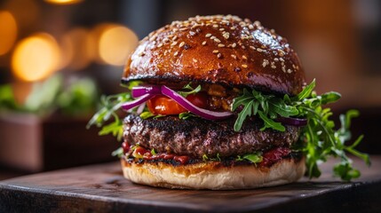 A mouth-watering gourmet burger featuring a juicy patty, fresh vegetables, arugula, and a sesame seed bun, beautifully displayed on a rustic wooden table with blurred background.