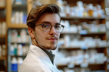 Obraz premium Portrait of pharmacist in a pharmacy drugstore with shelves health care product generative AI