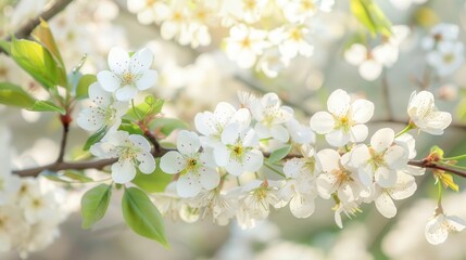 Obraz premium Close up artistic shot of blooming white cherry branch with green leaves capturing spring season theme