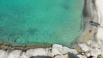 Aerial drone photo of white sandy paradise beach of Prassa with turquoise crystal clear sea voted...