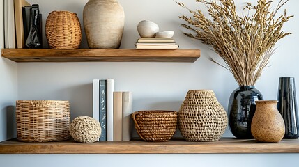 beautifully arranged wooden shelf in a modern interior, featuring a mix of decorative items like woven baskets, stylish vases, and art books, highlighting the balance between functionality and style