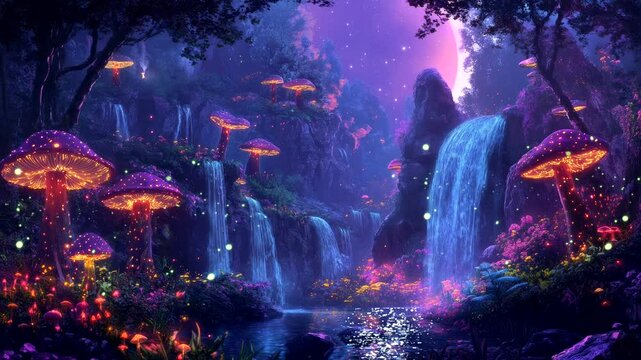 magical mushroom forest with waterfall fantasy dream video animation background Seamless looping time-lapse 4k quality