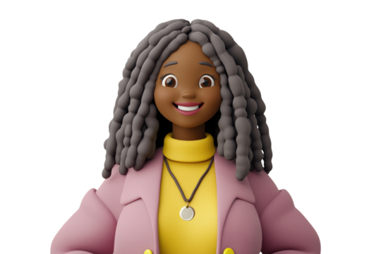 A cheerful woman with dark curly hair, smiling and wearing a pink coat over a yellow sweater, exuding positivity. - Powered by Adobe