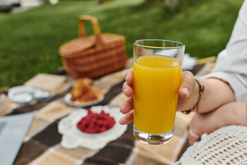 A young woman relaxes on a summer picnic, savoring a refreshing drink amidst nature.