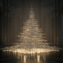Naklejka premium luxurious, glowing Christmas tree adorned with golden lights, set in an opulent hall with grand architecture, creating a magical holiday atmosphere.