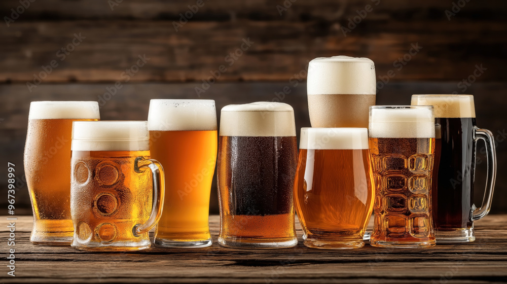 Poster A variety of glasses of craft beer on a wooden table with a rustic wooden background. The beers range from light to dark and have a foamy head on top.