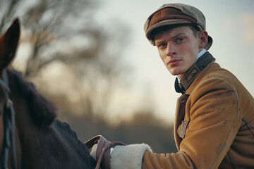 Generative AI photo image of person who ride horse, equestrian professional sport profession