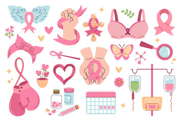Breast cancer awareness month elements collection. Sticker set for oncology fighters