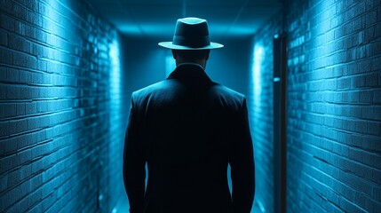 A man in a hat stands in a hallway with blue walls