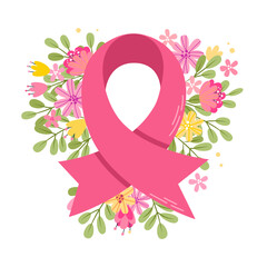 Breast cancer awareness month symbol, pink ribbon with flowers