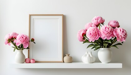 Elegant home interior with floral decor featuring pink peonies in a vase and a blank mock-up photo frame on a white shelf