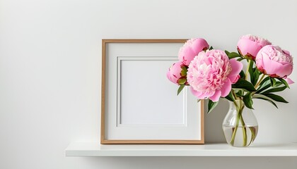 Elegant home interior with floral decor featuring pink peonies in a vase and a blank mock-up photo frame on a white shelf